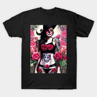 Tattooed Goth Pin Up Girl with Roses T-Shirt